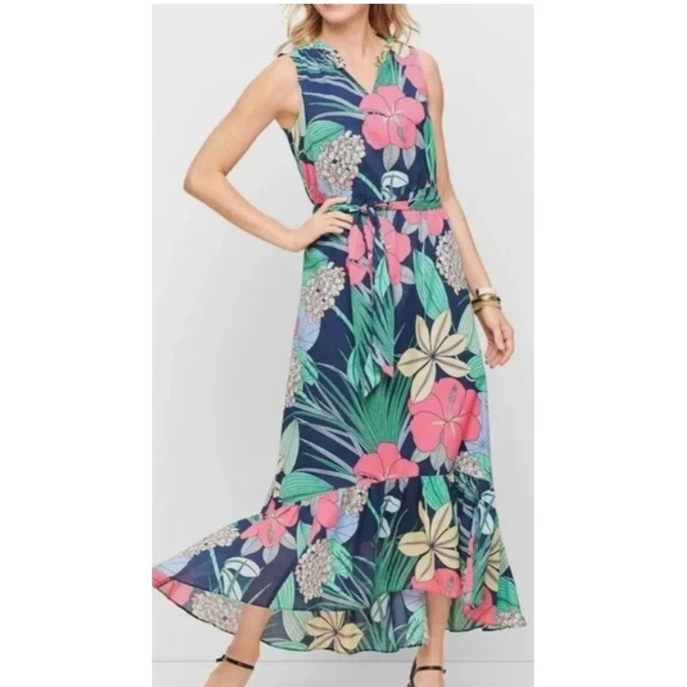 Talbots Plus Floral Print Sleeveless Maxi Dress Navy Blue Pink‎ Green Size 20W